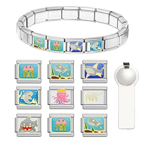 Vintage Stainless Steel Italian Modular Charm Bracelet DIY Marine Life Sea Animal Shark Whale Jellyfish Octopus Enamel Charm Links Jewelry