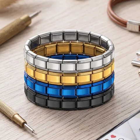 Bracciale Modular Charm Italiano in Acciaio Inossidabile Placcato Oro IP a Vuoto Bracciale Elastico DIY Gioielli di Moda Unisex