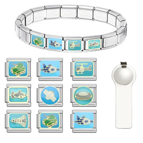Vintage Edelstahl Italienisch Charm Link Für DIY Armband Herstellung Retro Fahrzeug Panzer Flugzeug Hubschrauber Emaille Modularer Link