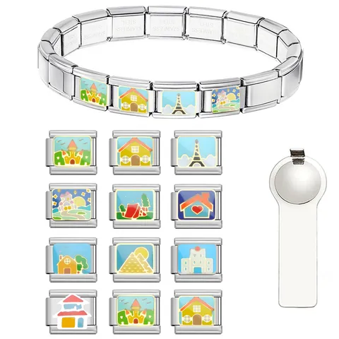 Edelstahl Italienische Modulare Charms Armband DIY Emaille Haus Wahrzeichen Reise Landschaft Link Charms Für Personalisierte Schmuckherstellung Zubehör