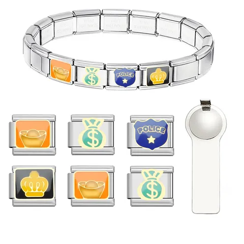 Edelstahl Italienisches Charm Armband Glieder DIY Modularer Schmuckzubehör Goldbarren Polizei Krone Emaille Charms Für Armband