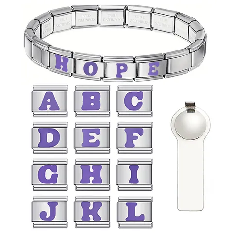 Minimalistische Edelstahl Italienische Charm Armband Glieder Lila Emaille Alphabet Buchstaben DIY Modular Schmuck Unisex