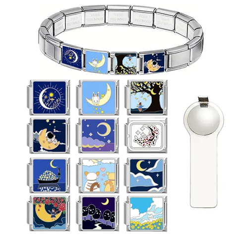Stainless Steel Night Sky Italian Charm Bracelet Women Dreamy Moon Star Rabbit Astronaut DIY Enamel Link Bracelet Accessory