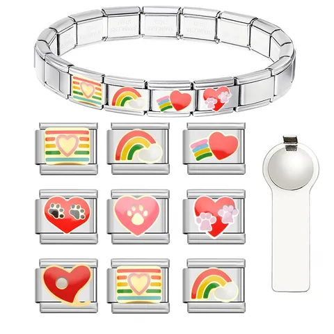 Stainless Steel Italian Modular Charm Heart Rainbow Cat Paw DIY Detachable Link Bracelet Watch Band Jewelry Accessories