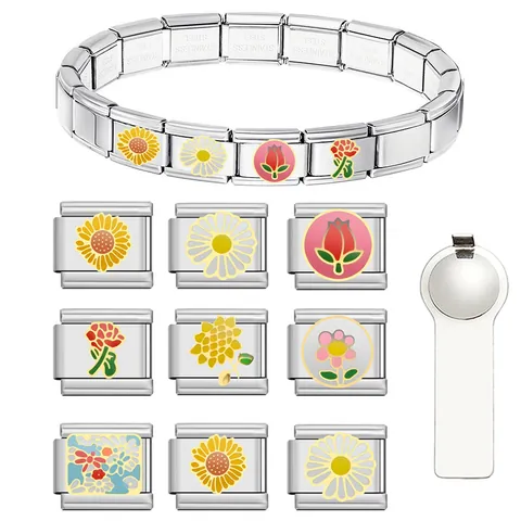 Edelstahl Italienischer Charm Armband DIY Modular Floral Link Sonnenblume Rose Gänseblümchen Emaille Spleiß Schmuck Zubehör Für Damen