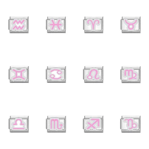 Modulo per Bracciale Italian Charm in Acciaio Inossidabile Rosa con Segno Zodiacale Componente Fai-da-te Smaltato Gioielli Zodiaco