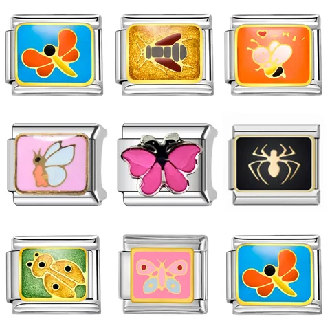 Stainless Steel Italian Modular Bracelet Link Charm Insect Bee Butterfly Spider DIY Enamel Jewelry Connection For Women Men