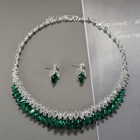 Luxurious Alloy Glass Rhinestone Bridal Jewelry Set Marquise Cut Gemstone Necklace Earrings Set For Wedding Party Women
