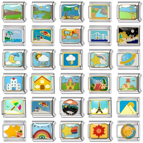 Stainless Steel Enamel Landscape DIY Modular Charm Links For Italian Bracelet Natural Scenery Travel Theme Jewelry Accessories