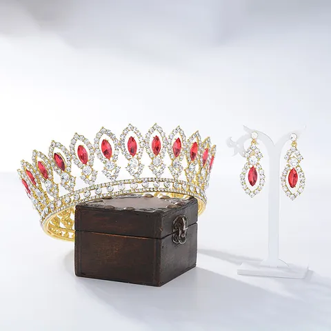Baroque Bridal Crown And Earrings Alloy Rhinestone Glass Tiara Wedding Pageant Jewelry Headpiece Retro Royal Accessory Women