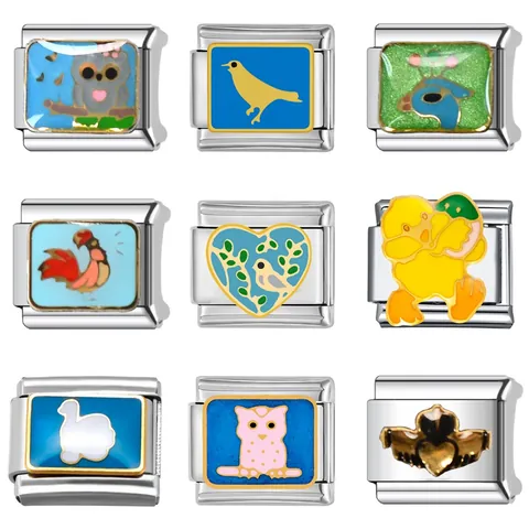 Italian Charm Link Stainless Steel DIY Bracelet Accessory Cartoon Animal Bird Owl Enamel Jewelry For Women Men