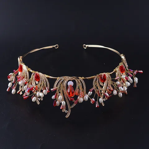 Barok Vintage Bruidskroon Goud Rood Strass Hoofddeksel Parel Kralen Bruiloft Tiara Royal Koningin Verkiezing Sieraden Accessoire