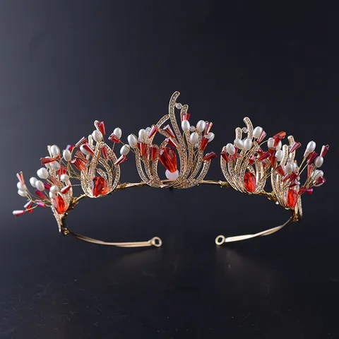 Barok Vintage Bruidskroon Goud Rood Strass Hoofddeksel Parel Kralen Bruiloft Tiara Royal Koningin Verkiezing Sieraden Accessoire