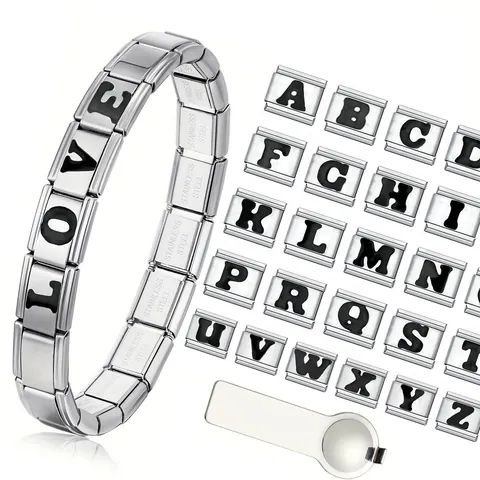 Charm Italiani Maglie per Bracciale Modulare in Acciaio Inossidabile Fai da Te Lettera Alfabeto A-Z per Cinturino Orologio