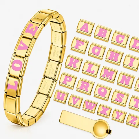Maillon Charm Italien en Acier Inoxydable Plaqué Or Émail Rose Lettre Alphabet Pour Bracelet Modulaire Personnalisé DIY