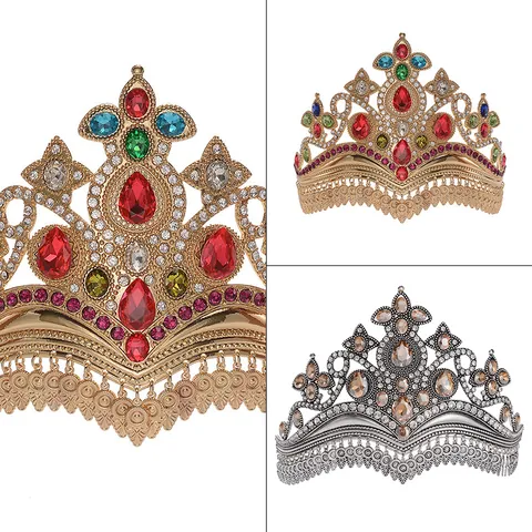 Barok Legering Strass Bruidskroon Tiara Kleurrijk Glas Kristal Hoofddeksel Bruiloft Kwastje Koningin Tiara Voor Vrouwen Sieraden
