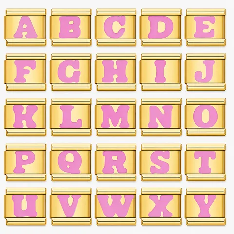 Maillon Charm Italien en Acier Inoxydable Plaqué Or Émail Rose Lettre Alphabet Pour Bracelet Modulaire Personnalisé DIY