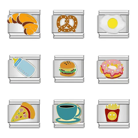 Italian Modular Bracelet Charms Stainless Steel Enamel Food Links DIY Hamburger Pizza Donut Detachable Jewelry Splicing Link