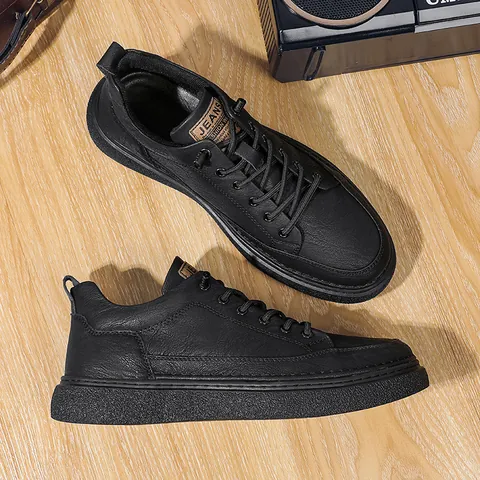 Men's Casual Split Cowhide Leather Skate Shoes Fashionable Low Top Sneakers Anti-Slip Rubber Soft Sole Breathable Walking Shoes Everyday Wear