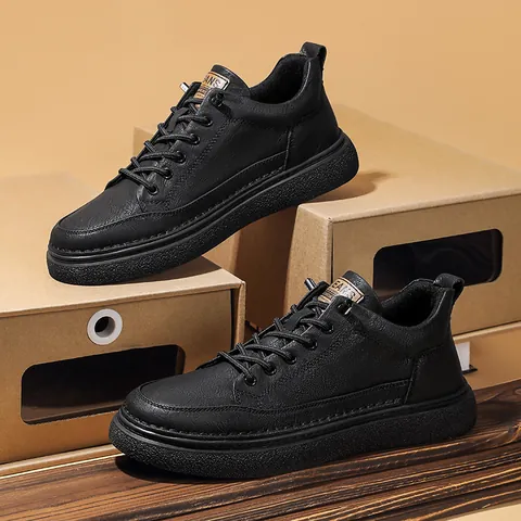 Men's Casual Split Cowhide Leather Skate Shoes Fashionable Low Top Sneakers Anti-Slip Rubber Soft Sole Breathable Walking Shoes Everyday Wear