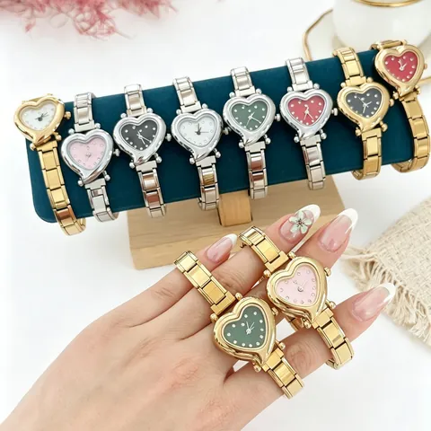 Women Heart Shaped Modular Watch Stainless Steel DIY Charms Quartz Wristwatch Preppy Style Rhinestone Dial Analog Watch