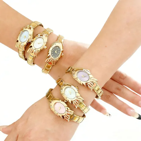 Vintage Women's Quartz Watch Irregular Fish Shell Shape Case Gold Tone Alloy Rhinestone Decorative Fashion Dress Wristwatch