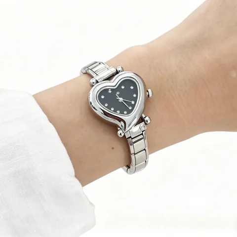 Women Heart Shaped Modular Watch Stainless Steel DIY Charms Quartz Wristwatch Preppy Style Rhinestone Dial Analog Watch