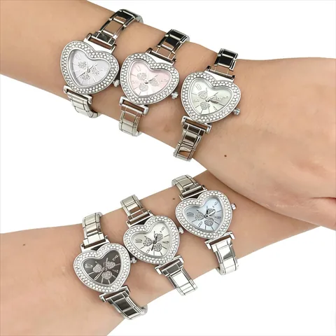 Women Fashion Heart Case Rhinestone Quartz Watch Modular Stainless Steel Band DIY Bracelet Watch Casual Ladies Wristwatch