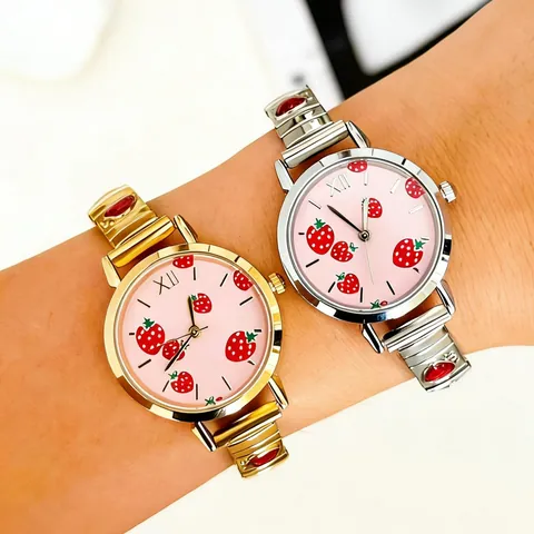 Fashion Women Quartz Watch Alloy Case Stainless Steel Modular Strap DIY Wristwatch Fruit Strawberry Cherry Print Dial Ladies Accessory