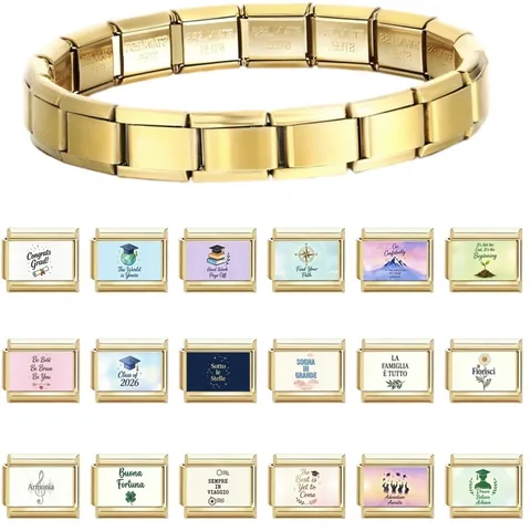Stainless Steel Italian Charm Bracelet Links Graduation Class Of 2026 Modular DIY Jewelry Components Inspirational Quotes Letters Bracelet Accessories