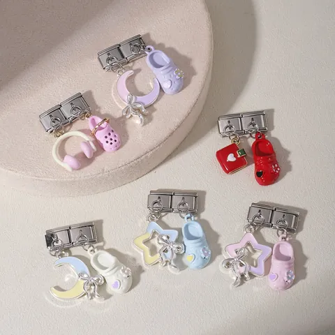 Colgantes de Esmalte de Acero Inoxidable Eslabón Doble Italiano Estrella Luna Lazo Zueco Zapato para Pulsera DIY Joyería Mujer