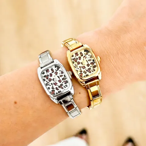 Luxury Women Quartz Watch Vintage Bangle Watch Gold Silver Stainless Steel Modular Link Leopard Dial Fashion Wristwatch