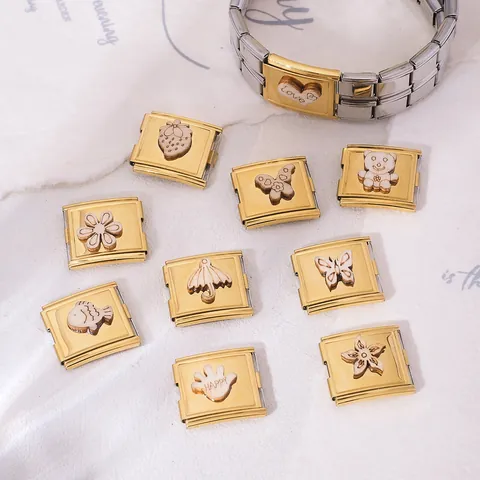 DIY Ιταλικοί Σύνδεσμοι Charm από Ανοξείδωτο Ατσάλι Αξεσουάρ Βραχιολιού Με Σχέδιο Ξύλου Πεταλούδα Αρκούδα Καρδιά Παζλ Σύνδεσμος