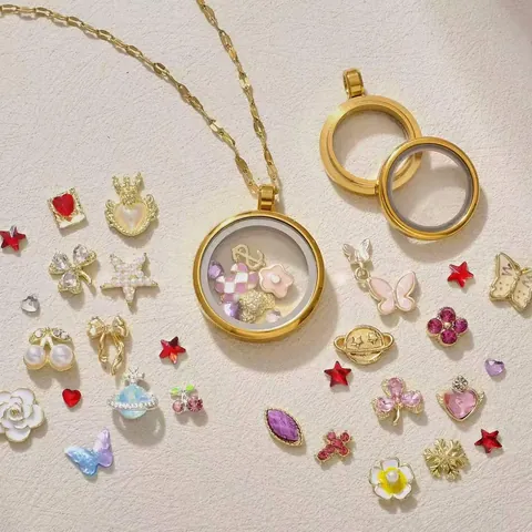 DIY Runde Glas Floating Locket Halskette Set Mit Mehrfarbigen Strass Emaille Charms Kupferlegierung Memory Box Anhänger Für Damen Schmuck Geschenk