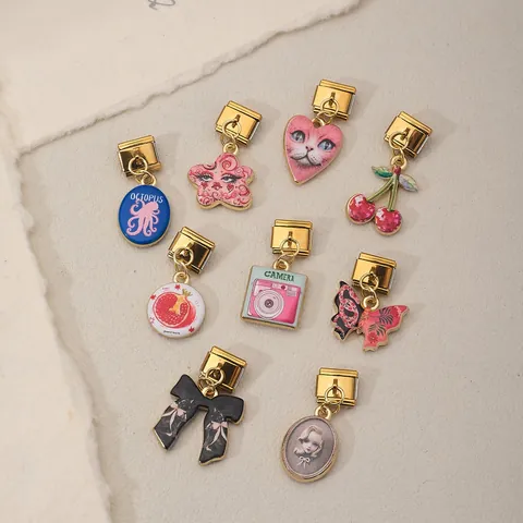 Pendentifs en Acier Inoxydable Or Italian Charm DIY Modulaires Accessoires de Bijoux Motifs Variés Cerise Papillon Nœud