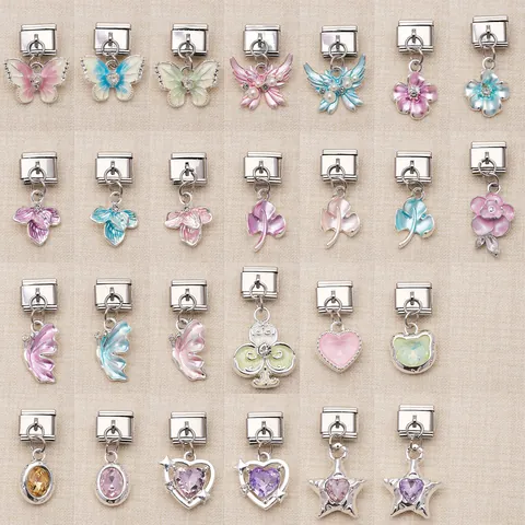 Edelstahl Italienischer Anhänger Link Schmetterling Blume Herz Stern Klee Emaille Strass DIY Armband Zubehör