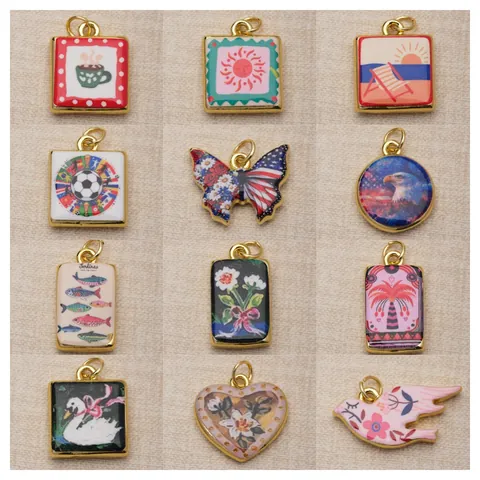 Double-Sided Painted Copper Pendants For DIY Jewelry Making Necklace Accessories Butterfly Heart Football USA Flag Pattern Mixed Charms