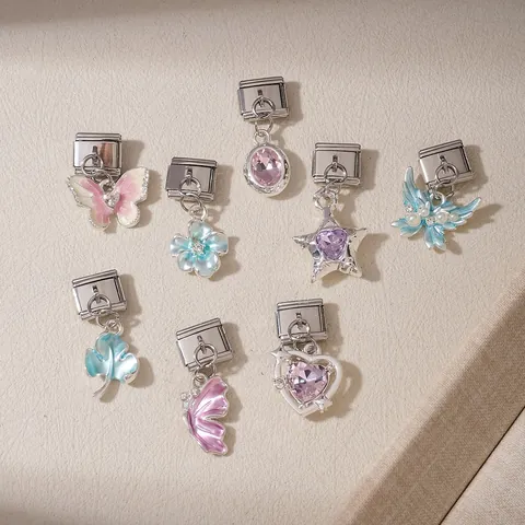 Edelstahl Italienischer Anhänger Link Schmetterling Blume Herz Stern Klee Emaille Strass DIY Armband Zubehör