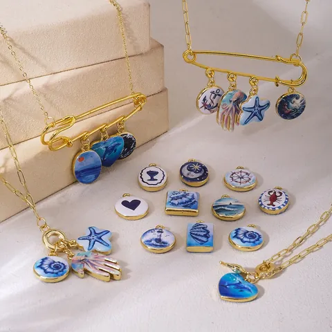 Ocean Series Copper Enamel Pendants For DIY Jewelry Making Starfish Shell Conch Wave Dolphin Heart Marine Charms Gold Plated Accessories