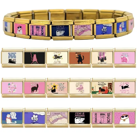 Eslabones de Pulsera de Charms Italianos de Acero Inoxidable Serie de Gato Dorado Accesorios de Charms Modulares DIY para Pulsera Personalizada