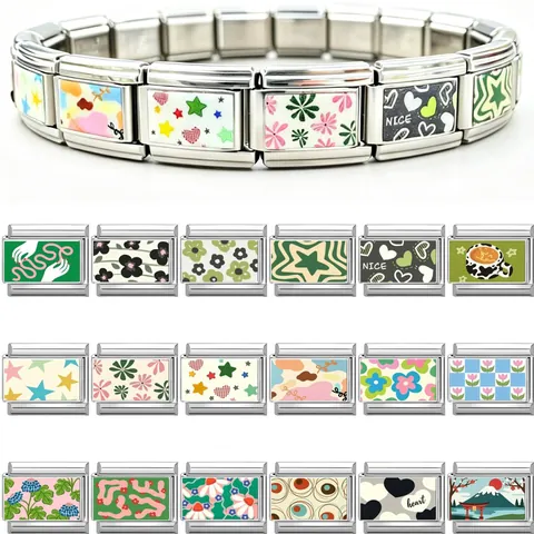 Pulsera de Eslabones Modulares Italianos de Acero Inoxidable para Mujer Hombre Estampado Fuji Estrella Floral DIY Pulsera Italian Charm Joyas