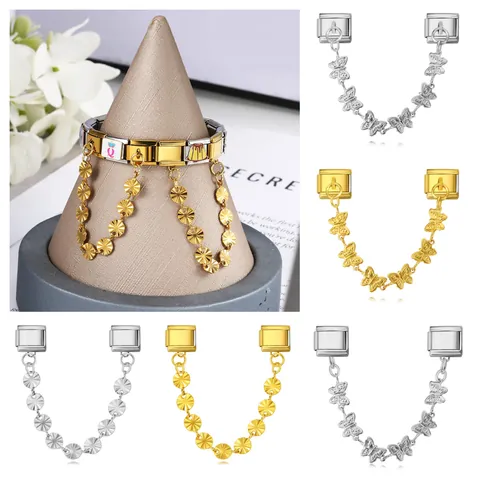 Italian Charm Bracelet Links Safety Chain Stainless Steel Butterfly Star Starburst Dangle DIY Modular Elastic Jewelry Links