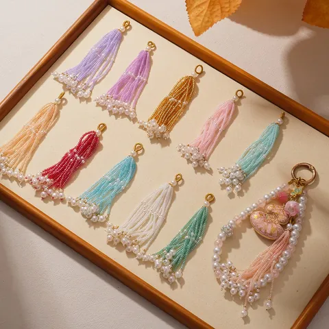 Handmade Beaded Tassel Pendant with Artificial Pearl Glass Beads Ethnic Style DIY Charm for Earrings Phone Keychain