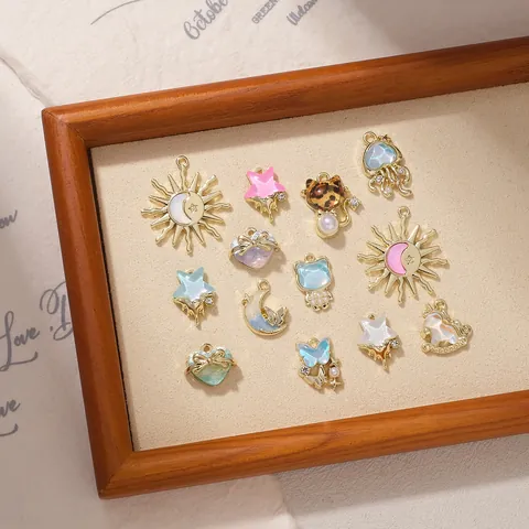 Golden Copper DIY Jewelry Pendants Sun Moon Star Unicorn Heart Cat Shapes Enamel Rhinestone Artificial Pearl Charms For Necklaces