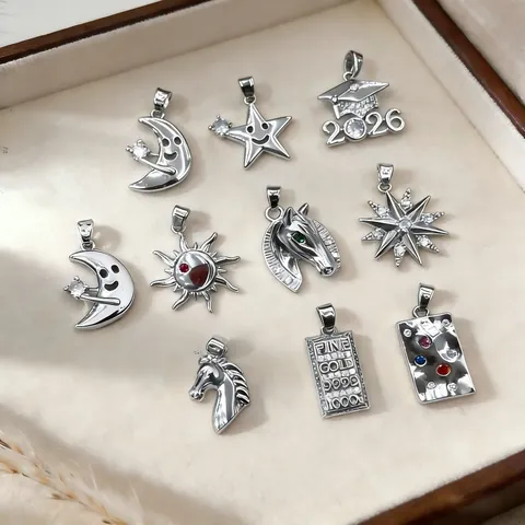 Geometric White Copper Pendants Rhinestone Inlaid DIY Necklace Charms Star Moon Graduation Cap Horse Head Pendant Only For Jewelry Making