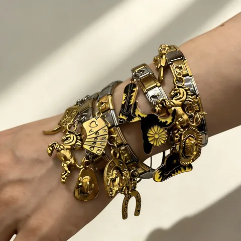 Stainless Steel Italian Modular Bracelet Gold Silver Contrast Western Cowboy Horse Hat Boot Charm Bracelet For Men Women