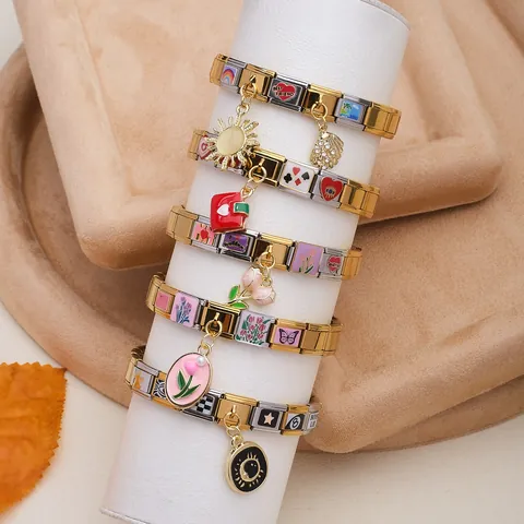 Bracelet à Breloques Modulaire Italien en Acier Inoxydable Bijou Bicolore pour Femmes et Hommes Bijoux de Main