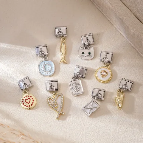 Pendentif en Acier Inoxydable Alliage Strass Italian Charm Link DIY Accessoires de Bijoux Cœur Chat Poisson Bracelets Modulaires