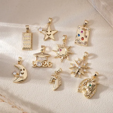 Geometric Gold Copper Pendant Moon Sun Star Horse Graduation Cap Charms For DIY Necklace Making Jewelry Inlaid Rhinestone Accessories