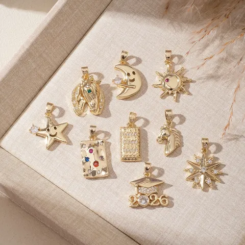 Geometric Gold Copper Pendant Moon Sun Star Horse Graduation Cap Charms For DIY Necklace Making Jewelry Inlaid Rhinestone Accessories